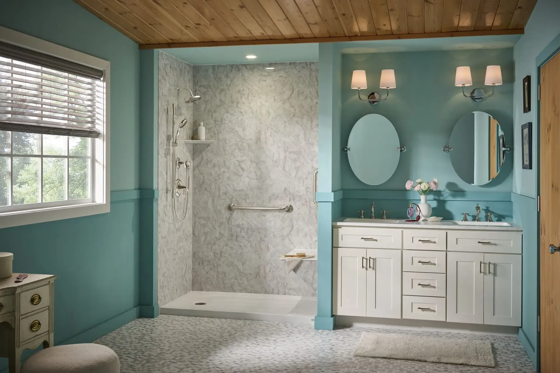 Finished Jacuzzi walk-in shower remodel with marble surround and double vanity