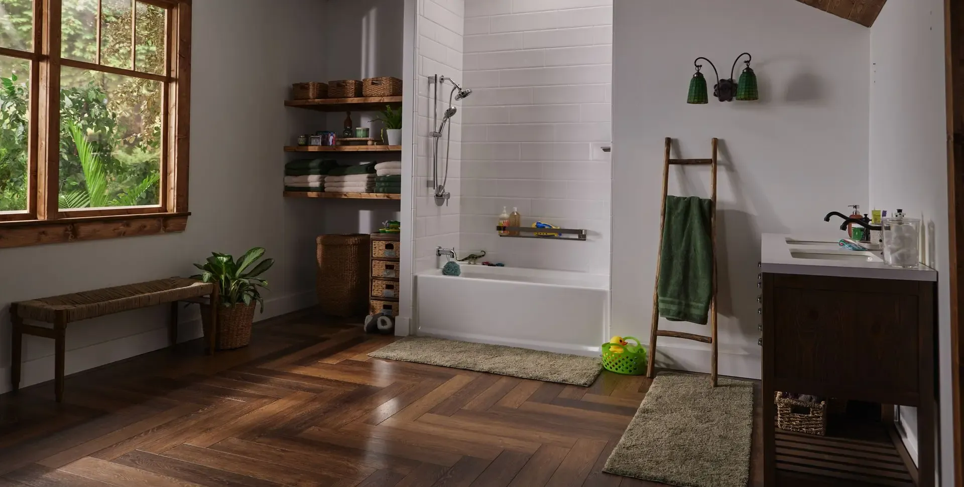 Rustic bathroom with white tub and wood floor