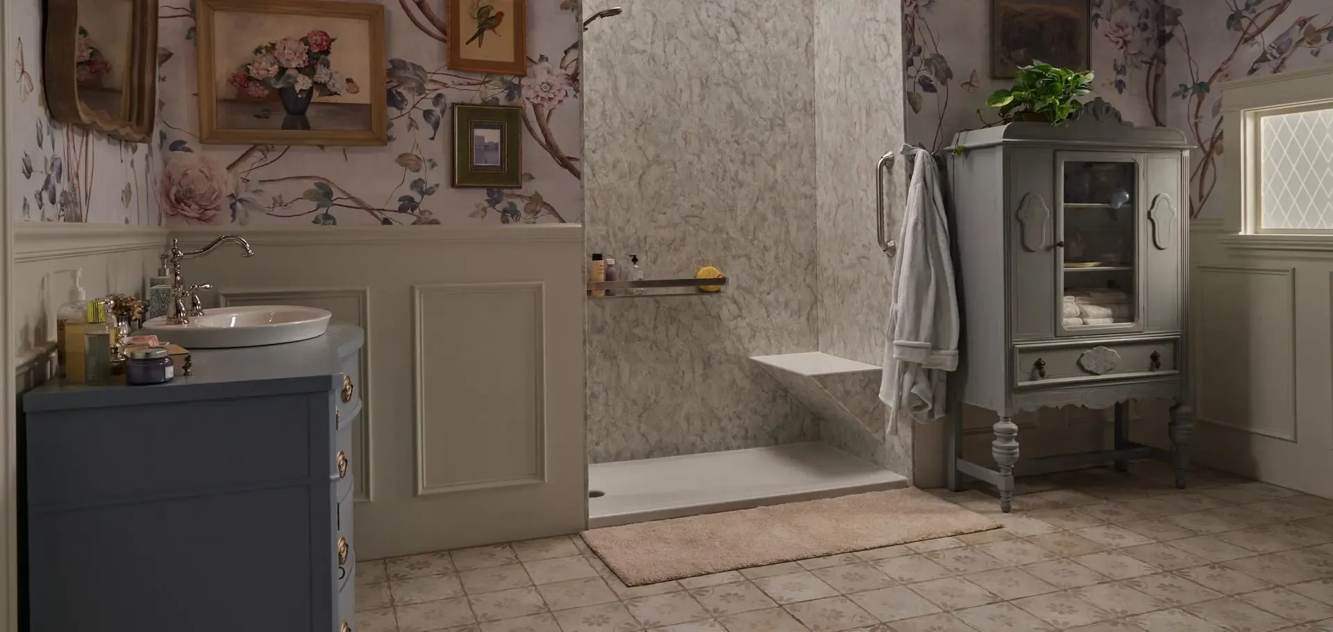 Vintage-style bathroom with marble walk-in shower